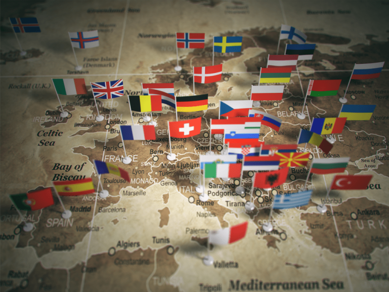 Map of Europe with country flags.