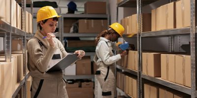 Warehouse operative looking at checklist on clipboard, counting boxes