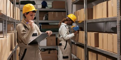 Warehouse operative looking at checklist on clipboard, counting boxes Warehouse operative looking at checklist on clipboard, counting boxes